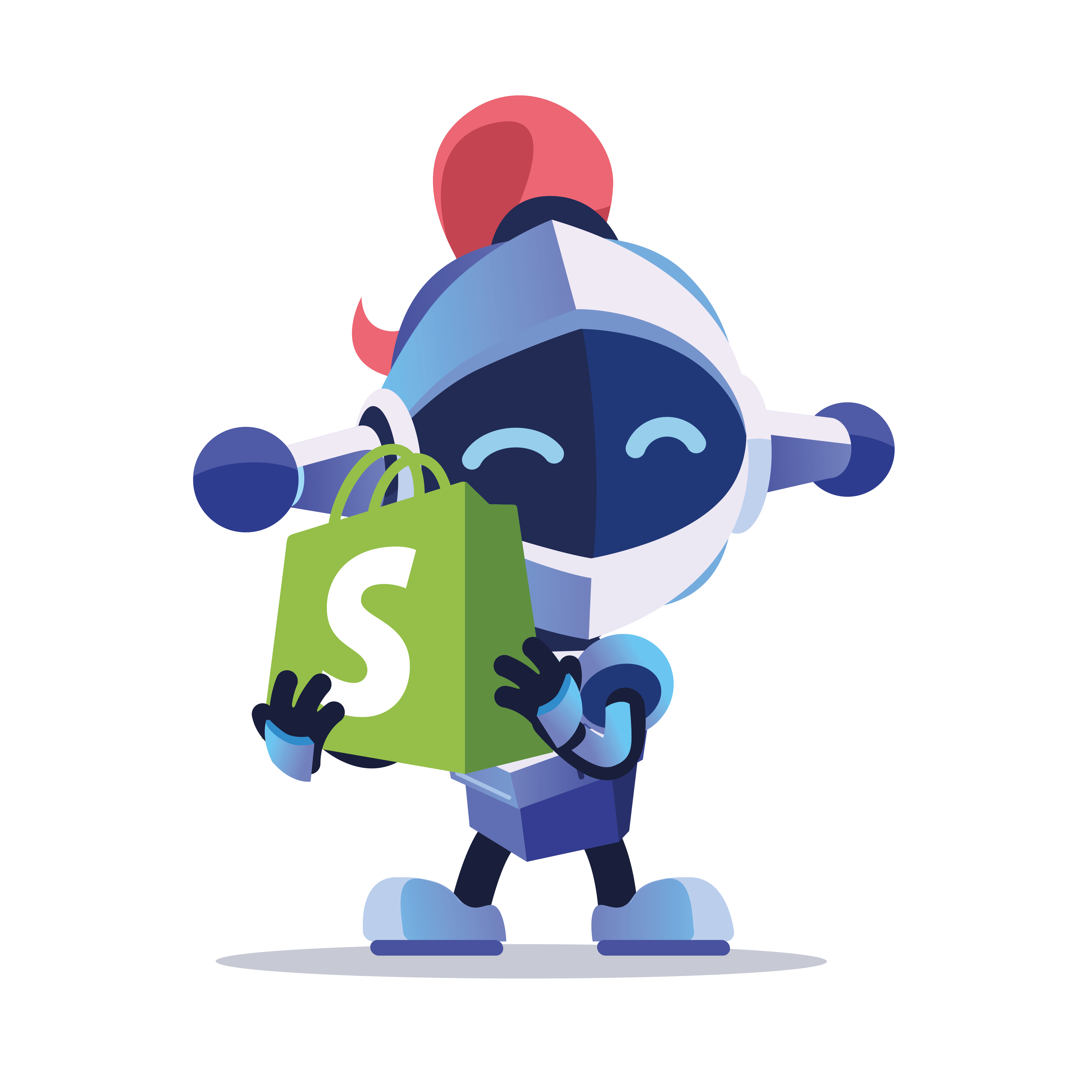 IP Moat holding a green bag with a shopify logo on a white background, shopify integration for sellers